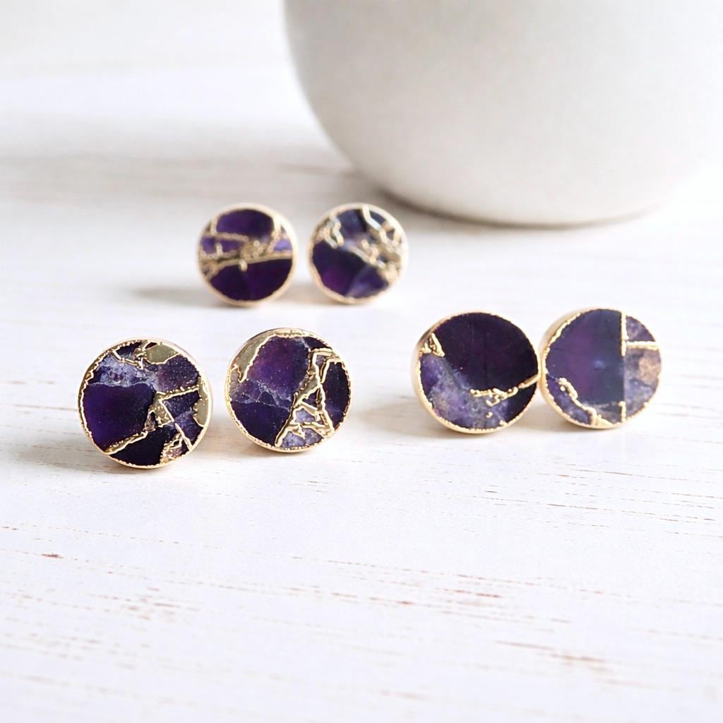 Purple Amethyst Mojave Stud Earrings – Round Gemstone Studs| Boho Minimalist Jewelry, February Birthstone Gift, Kintsugi Post Earrings