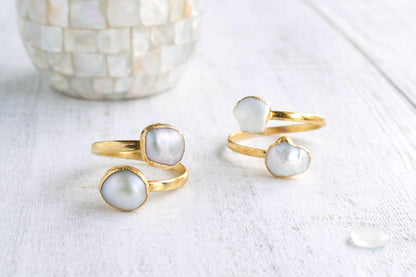 White Freshwater Pearl Ring Gold, June Birthstone Jewelry, Adjustable Open Wrap Ring, Minimalist Double Gemstone Ring, Crossover Ring