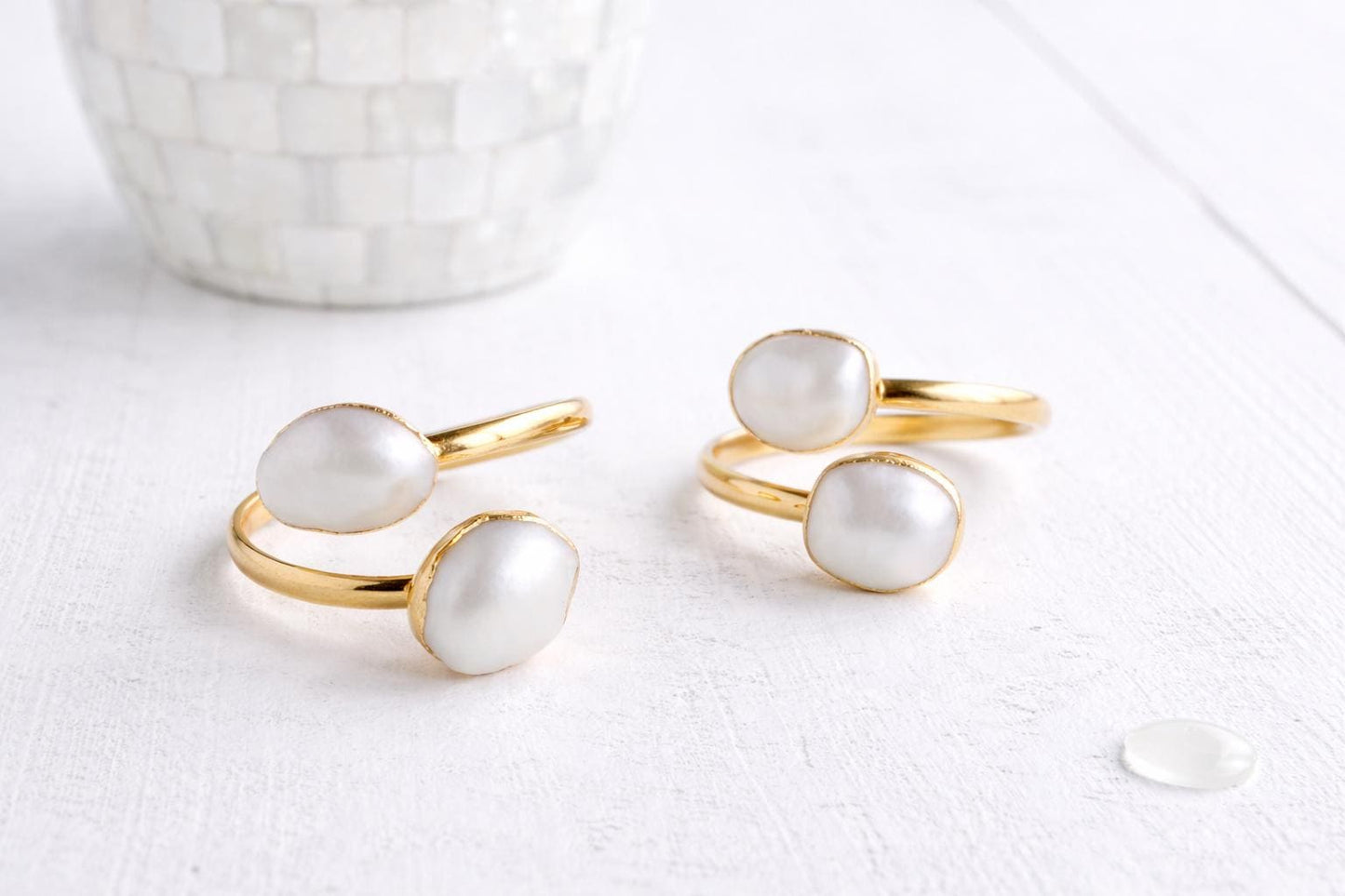 White Freshwater Pearl Ring Gold, June Birthstone Jewelry, Adjustable Open Wrap Ring, Minimalist Double Gemstone Ring, Crossover Ring