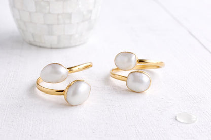 White Freshwater Pearl Ring Gold, June Birthstone Jewelry, Adjustable Open Wrap Ring, Minimalist Double Gemstone Ring, Crossover Ring
