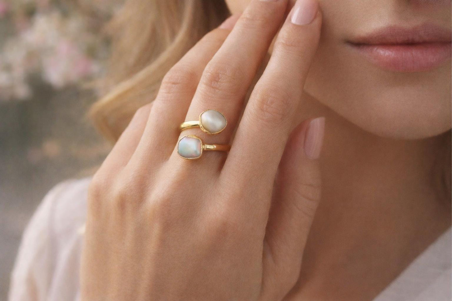 White Freshwater Pearl Ring Gold, June Birthstone Jewelry, Adjustable Open Wrap Ring, Minimalist Double Gemstone Ring, Crossover Ring
