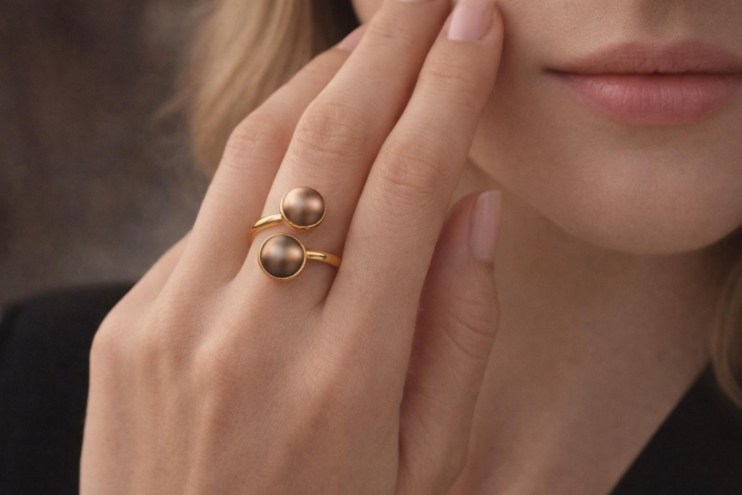 Gold Freshwater Pearl Crossover Ring, Peacock Pearl Double Gemstone Wrap Ring, June Birthstone Gift