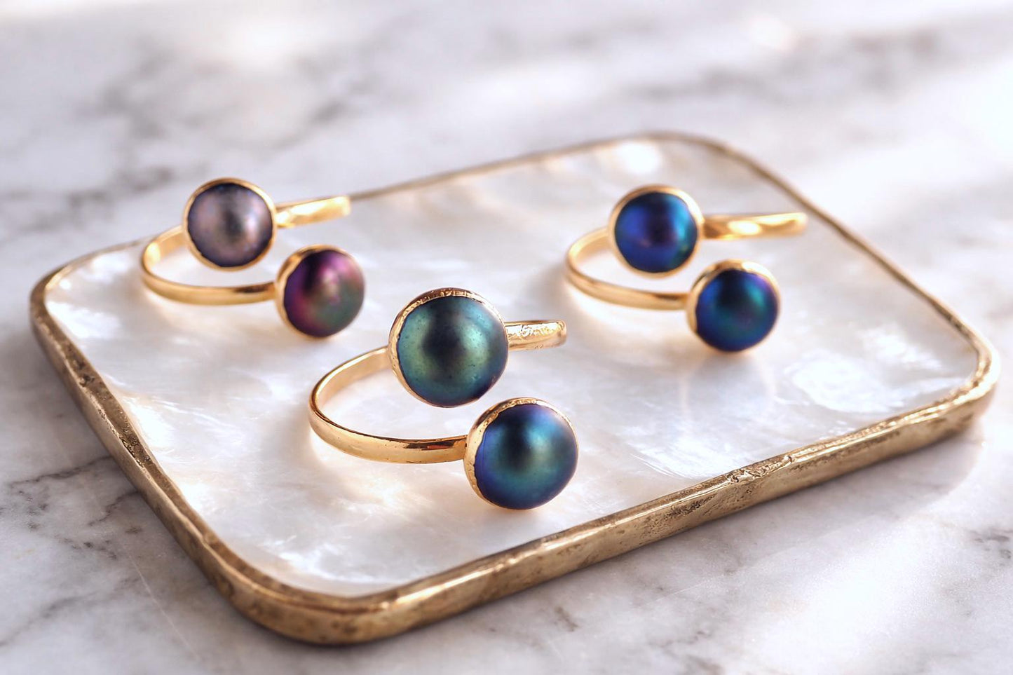 Gold Freshwater Pearl Crossover Ring, Peacock Pearl Double Gemstone Wrap Ring, June Birthstone Gift