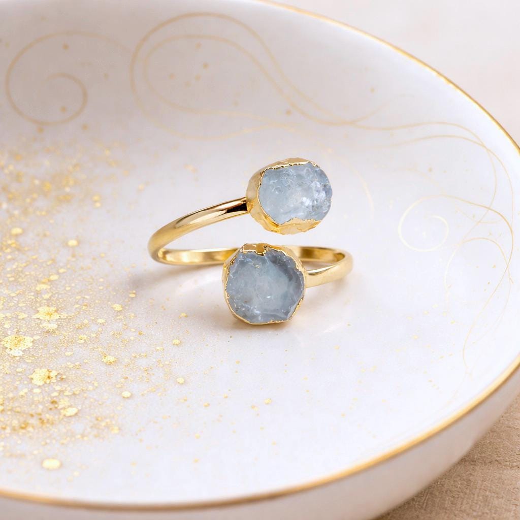 Raw Aquamarine Open Wrap Ring – Adjustable Gold Ring with Double Pale Blue Gemstones, March Birthstone Jewelry
