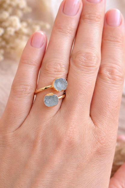 Raw Black Tourmaline Open Wrap Ring – Adjustable Gold Ring with Double Black Gemstones – October Birthstone Jewelry