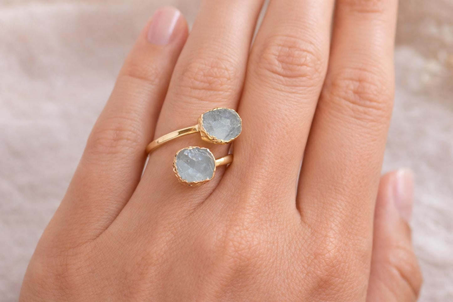 Raw Aquamarine Open Wrap Ring – Adjustable Gold Ring with Double Pale Blue Gemstones, March Birthstone Jewelry
