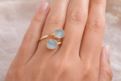 Raw Aquamarine Open Wrap Ring – Adjustable Gold Ring with Double Pale Blue Gemstones, March Birthstone Jewelry