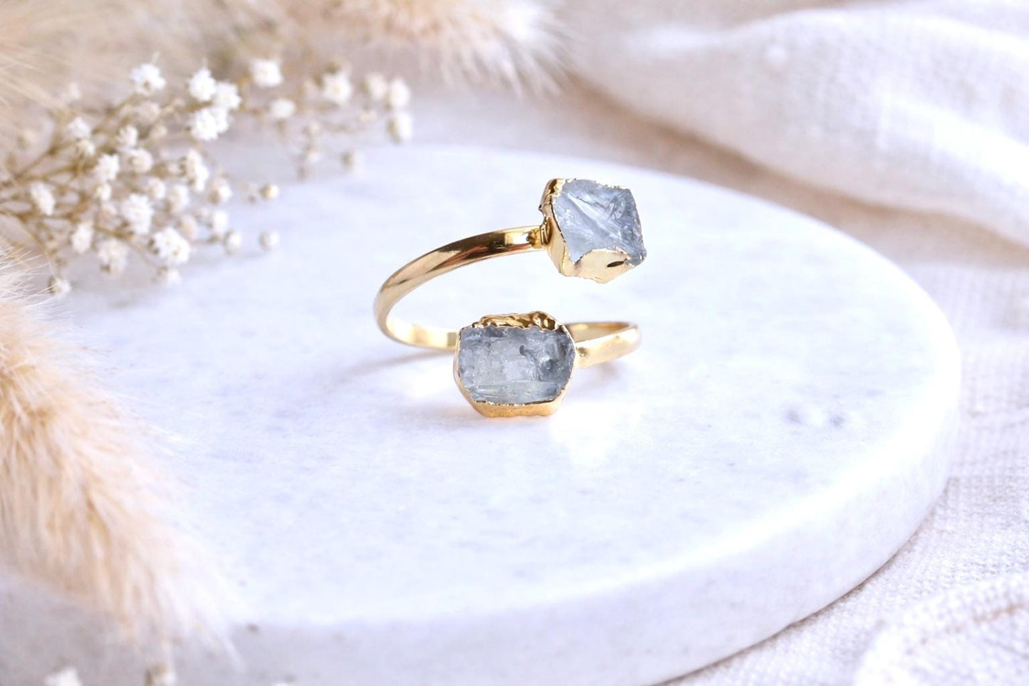 Raw Aquamarine Open Wrap Ring – Adjustable Gold Ring with Double Pale Blue Gemstones, March Birthstone Jewelry