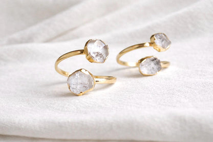 Herkimer Diamond Open Wrap Ring – Adjustable Gold Ring with Double Gemstones, April Birthstone Jewelry