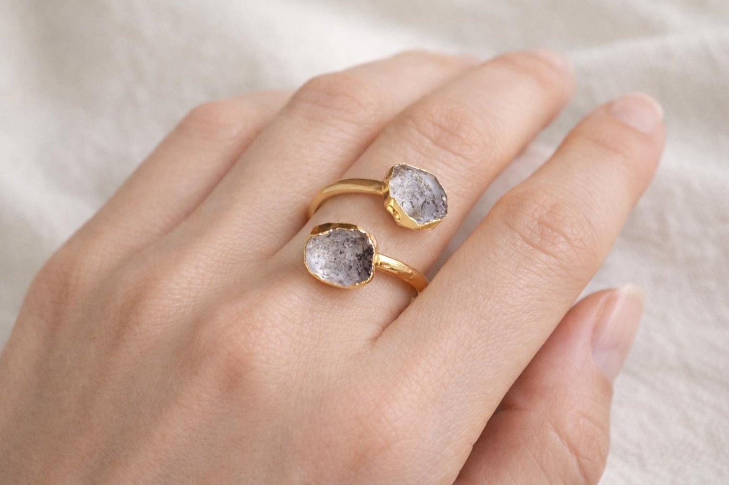 Herkimer Diamond Open Wrap Ring – Adjustable Gold Ring with Double Gemstones, April Birthstone Jewelry