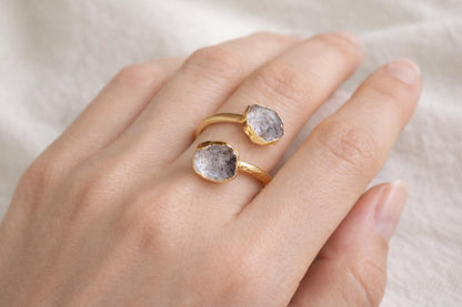 Herkimer Diamond Open Wrap Ring – Adjustable Gold Ring with Double Gemstones, April Birthstone Jewelry