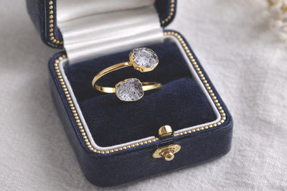 Herkimer Diamond Open Wrap Ring – Adjustable Gold Ring with Double Gemstones, April Birthstone Jewelry