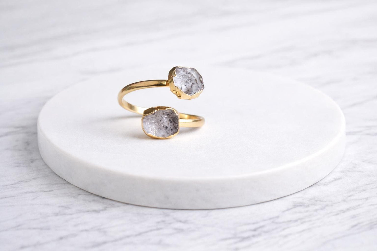 Herkimer Diamond Open Wrap Ring – Adjustable Gold Ring with Double Gemstones, April Birthstone Jewelry