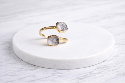 Herkimer Diamond Open Wrap Ring – Adjustable Gold Ring with Double Gemstones, April Birthstone Jewelry