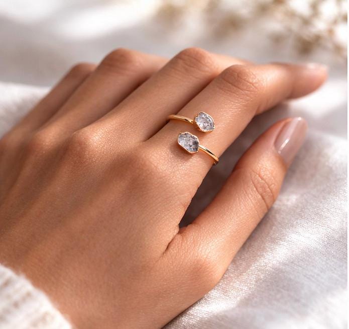 Herkimer Diamond Open Wrap Ring – Adjustable Gold Ring with Double Gemstones, April Birthstone Jewelry