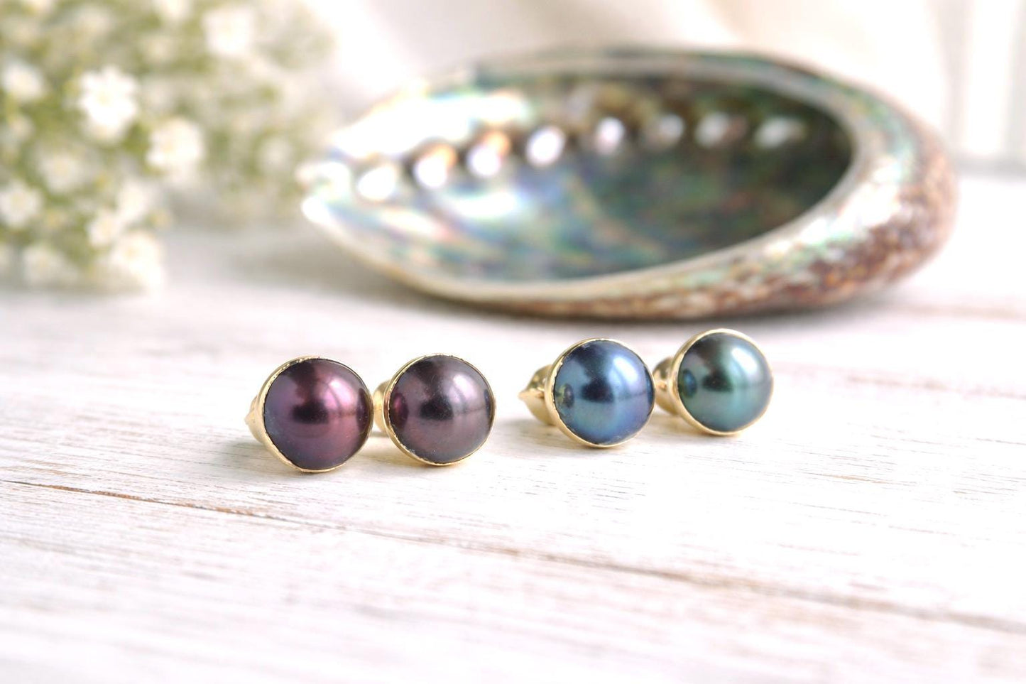 Freshwater Pearl Stud Earrings, Colorful Peacock Pearl Studs, June Birthstone Gift