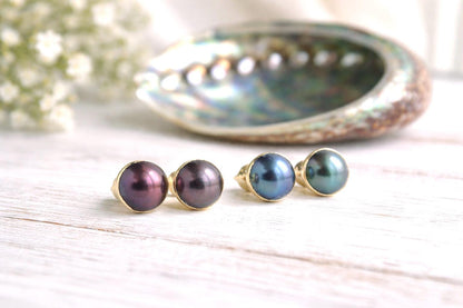 Freshwater Pearl Stud Earrings, Colorful Peacock Pearl Studs, June Birthstone Gift