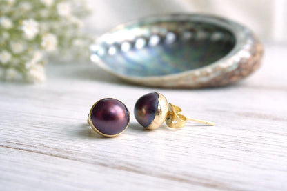 Freshwater Pearl Stud Earrings, Colorful Peacock Pearl Studs, June Birthstone Gift