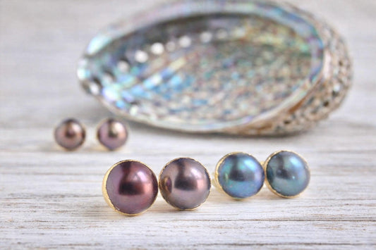 Freshwater Pearl Stud Earrings, Colorful Peacock Pearl Studs, June Birthstone Gift