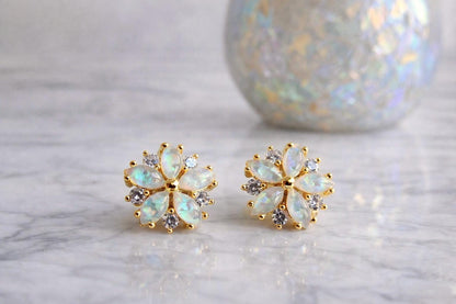 Opal Flower Stud Earrings Gold, October Birthstone Earrings, White Opal Post Earrings
