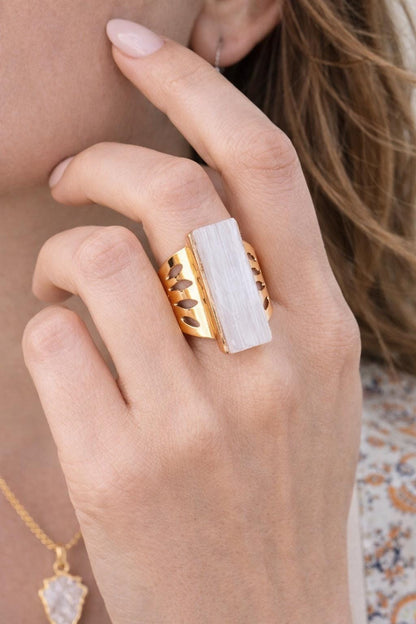 Chunky Selenite Ring, Large White Crystal Gemstone Ring,Raw Stone Statement Ring Adjustable
