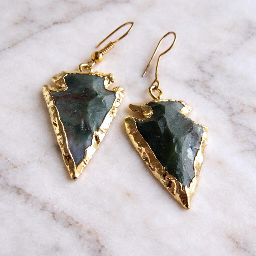 Bloodstone Arrowhead Earrings Gold, Boho Stone Earrings, Tribal Southwest Statement Jewelry