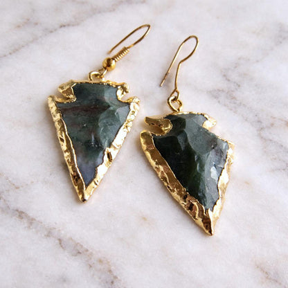 Bloodstone Arrowhead Earrings Gold, Boho Stone Earrings, Tribal Southwest Statement Jewelry
