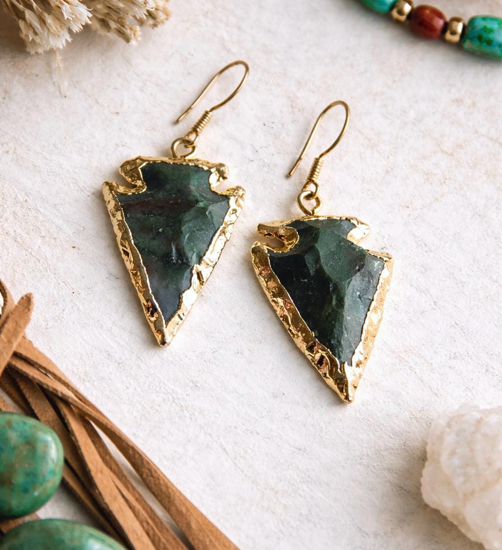 Bloodstone Arrowhead Earrings Gold, Boho Stone Earrings, Tribal Southwest Statement Jewelry