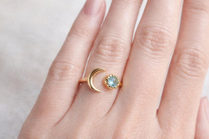 Pink Crystal Crescent Moon Ring • October  Birthstone Gift, Open Gemstone Ring, Adjustable Birthstone Rings,  Blue Crystal Celestial Jewelry