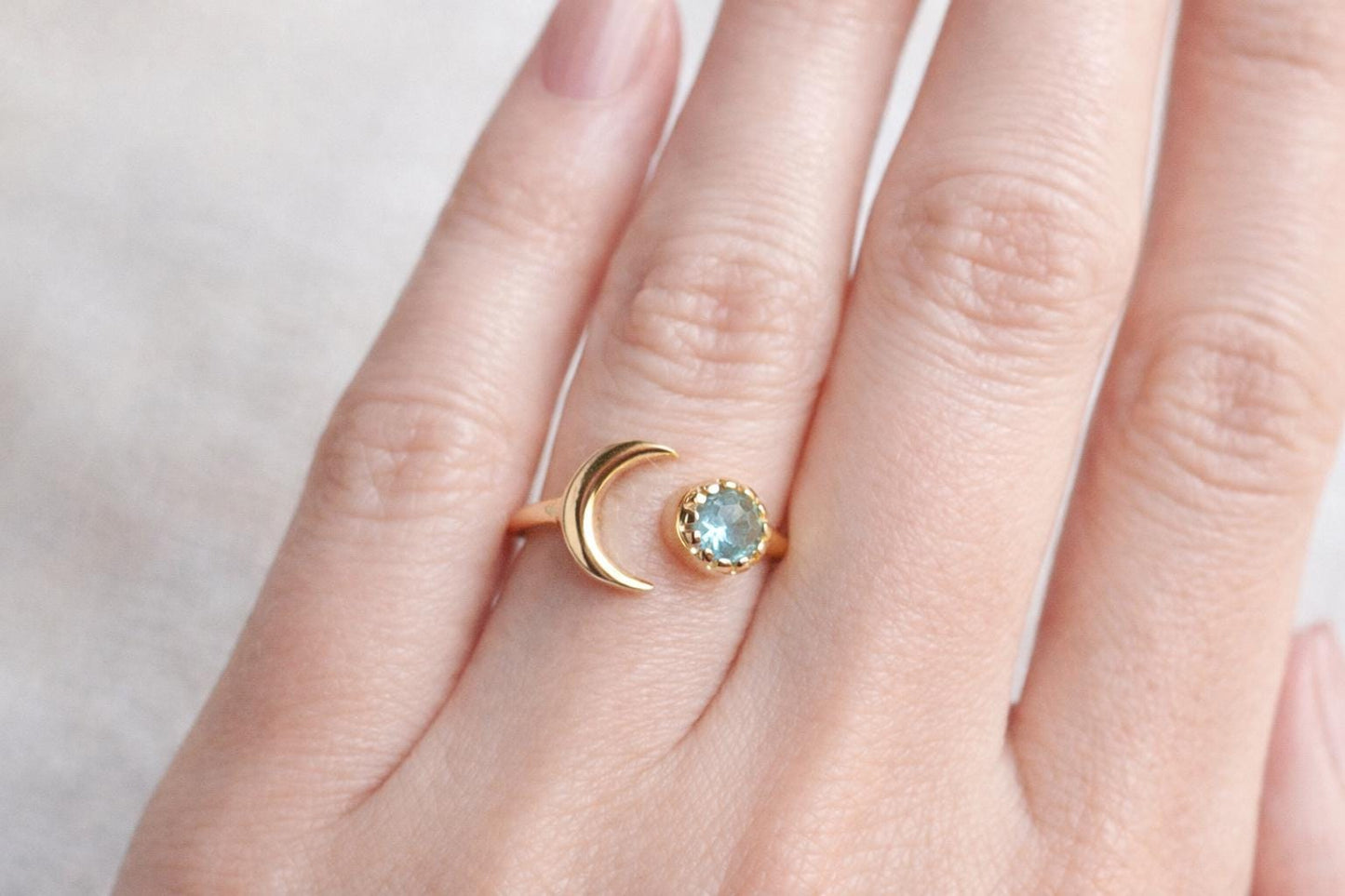 Aquamarine Crescent Moon Ring • Open Gemstone Ring, Adjustable Birthstone Rings