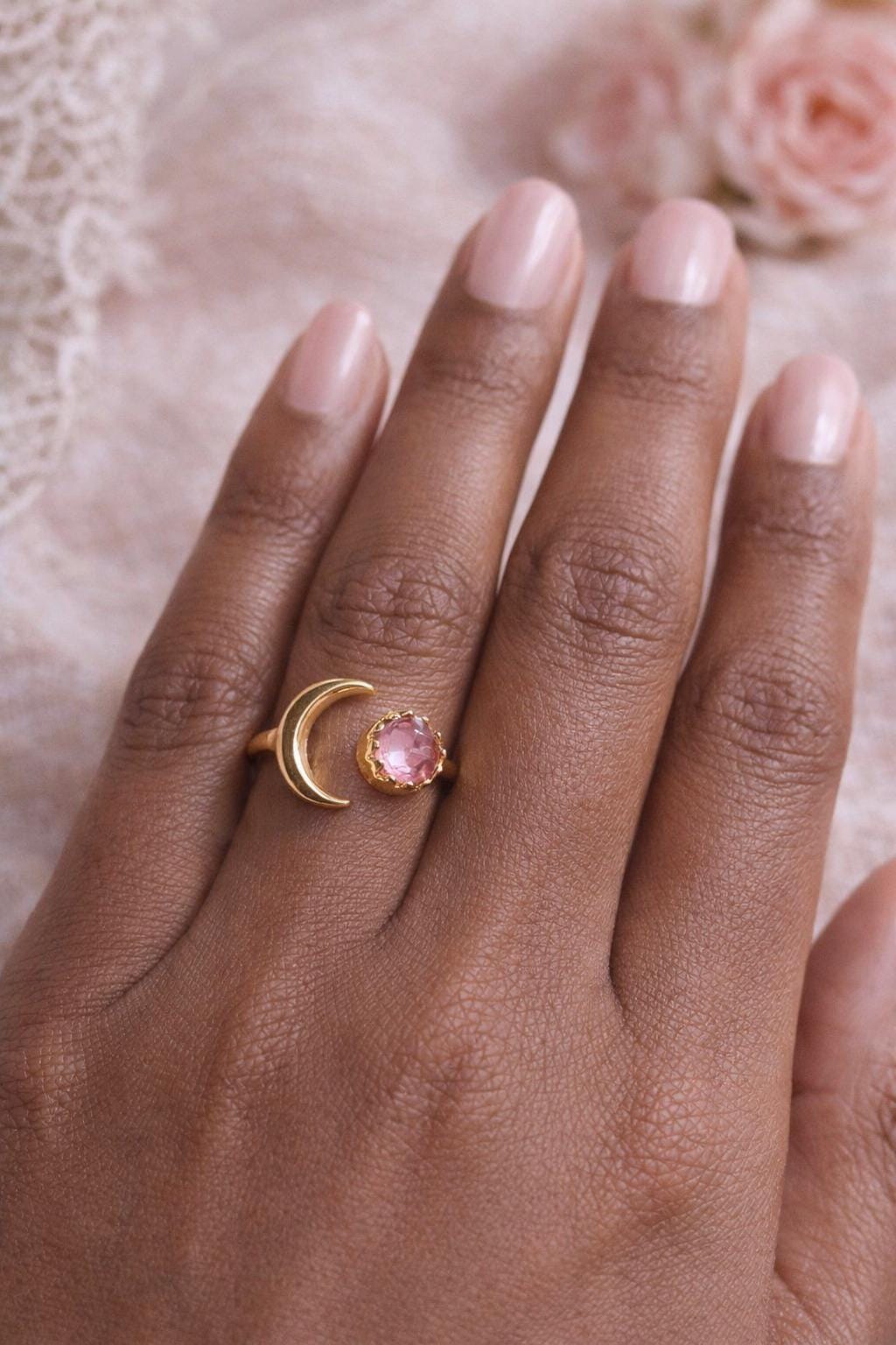Black Stone Crescent Moon Ring • Onyx CZ Ring, Open Gemstone Ring, Adjustable Stone Ring, Gold Celestial Jewelry
