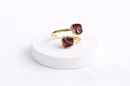 Raw Garnet Adjustable Ring Gold | January Birthstone Jewelry | Open Wrap Ring with Two Natural Red Gemstones – Garnet Ring Gift for Her