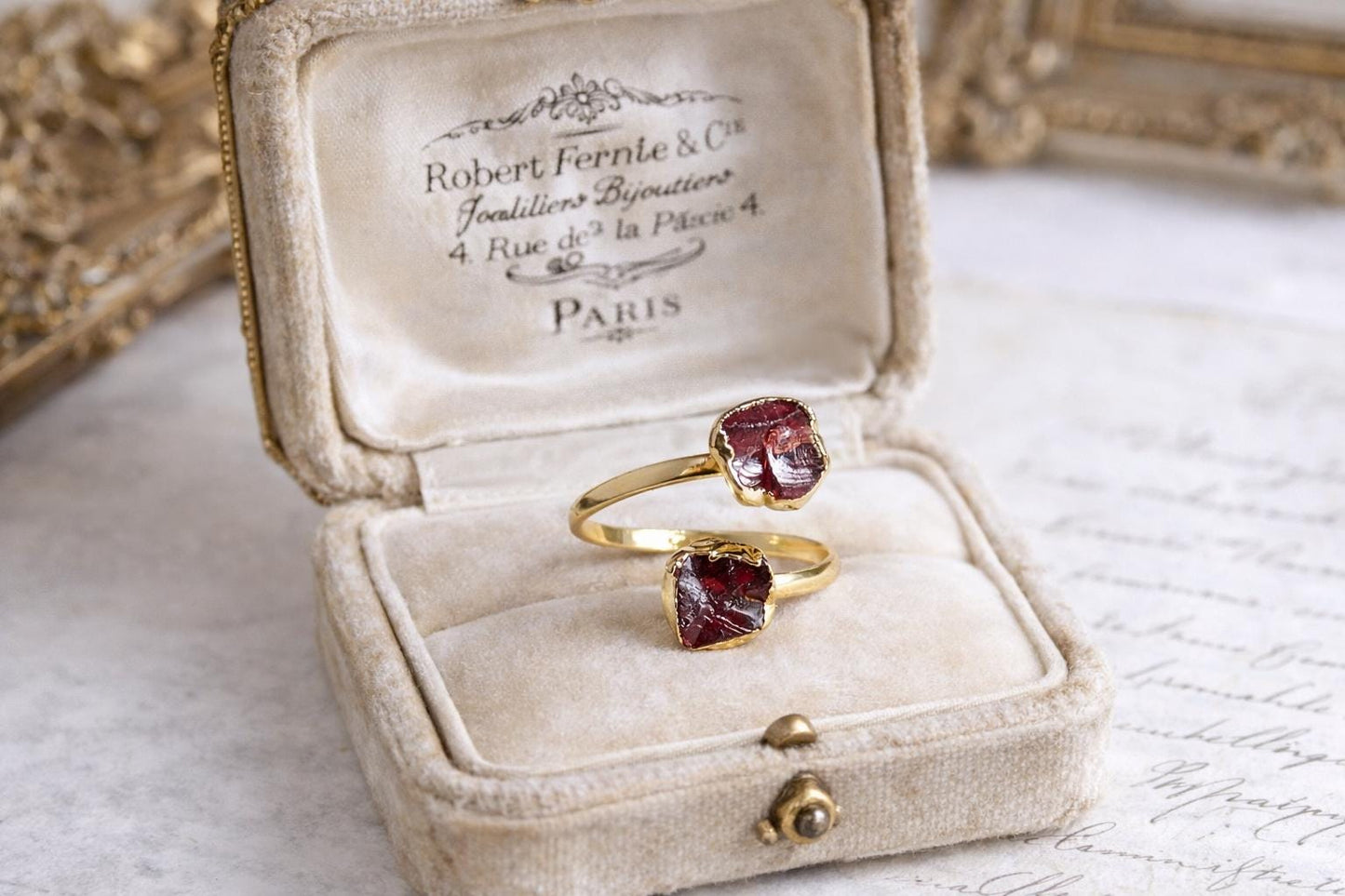 Raw Garnet Adjustable Ring Gold | January Birthstone Jewelry | Open Wrap Ring with Two Natural Red Gemstones – Garnet Ring Gift for Her