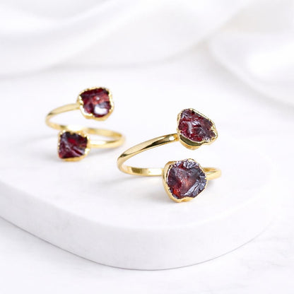 Raw Garnet Adjustable Ring Gold | January Birthstone Jewelry | Open Wrap Ring with Two Natural Red Gemstones – Garnet Ring Gift for Her
