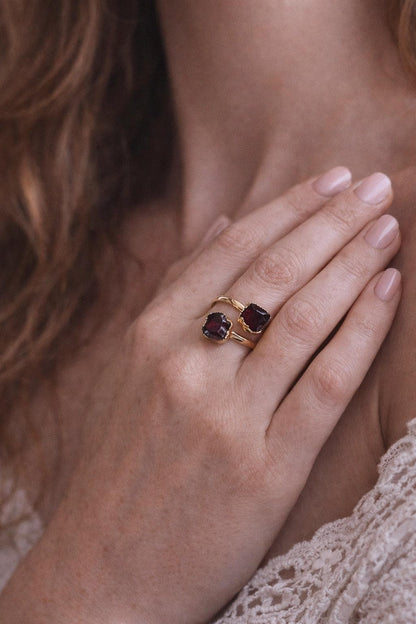 Raw Garnet Adjustable Ring Gold | January Birthstone Jewelry | Open Wrap Ring with Two Natural Red Gemstones – Garnet Ring Gift for Her