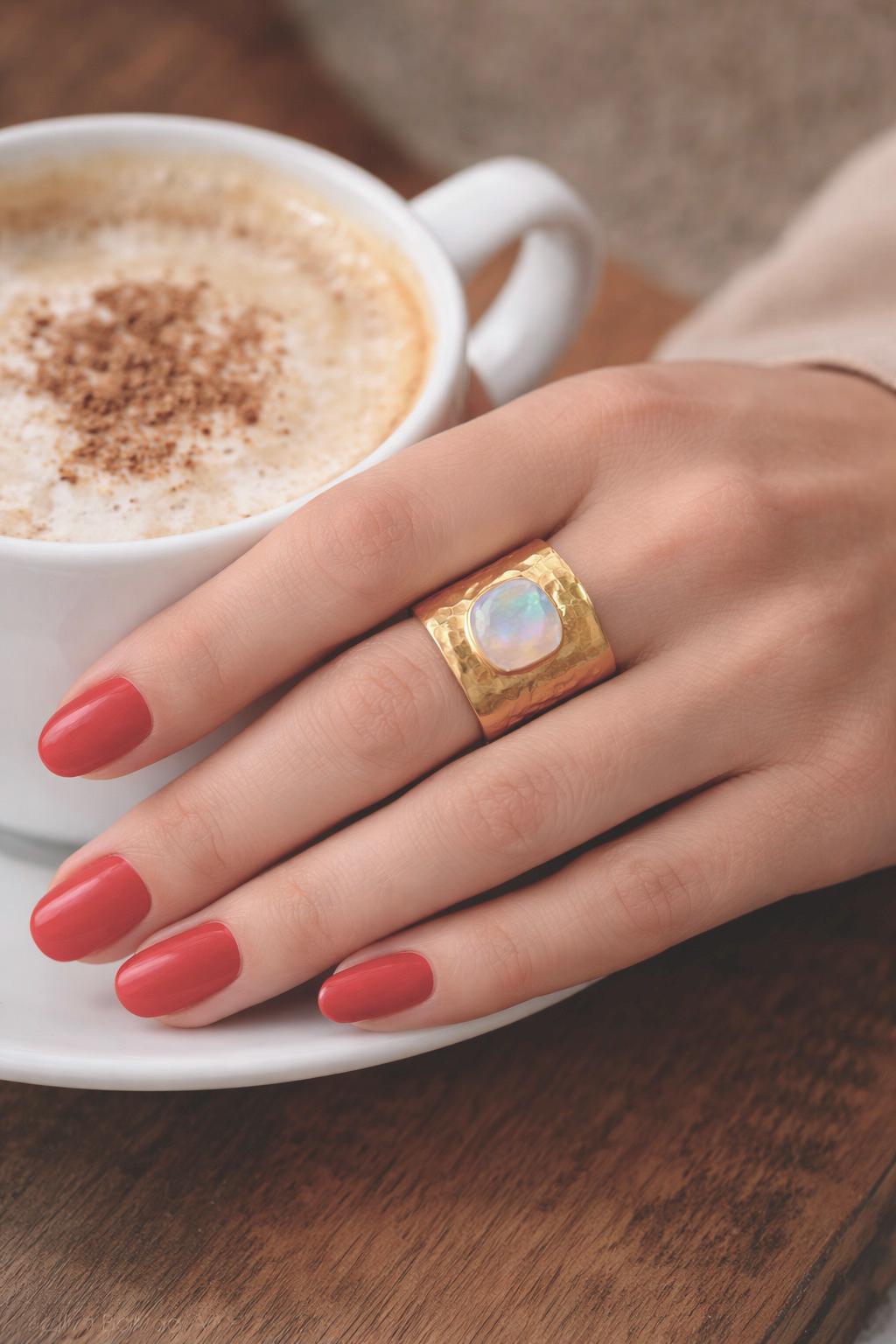 Moonstone Statement Ring | June Birthstone Ring, Hammered Wide Band Ring