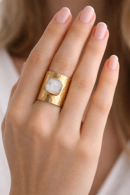 Moonstone Statement Ring | June Birthstone Ring, Hammered Wide Band Ring