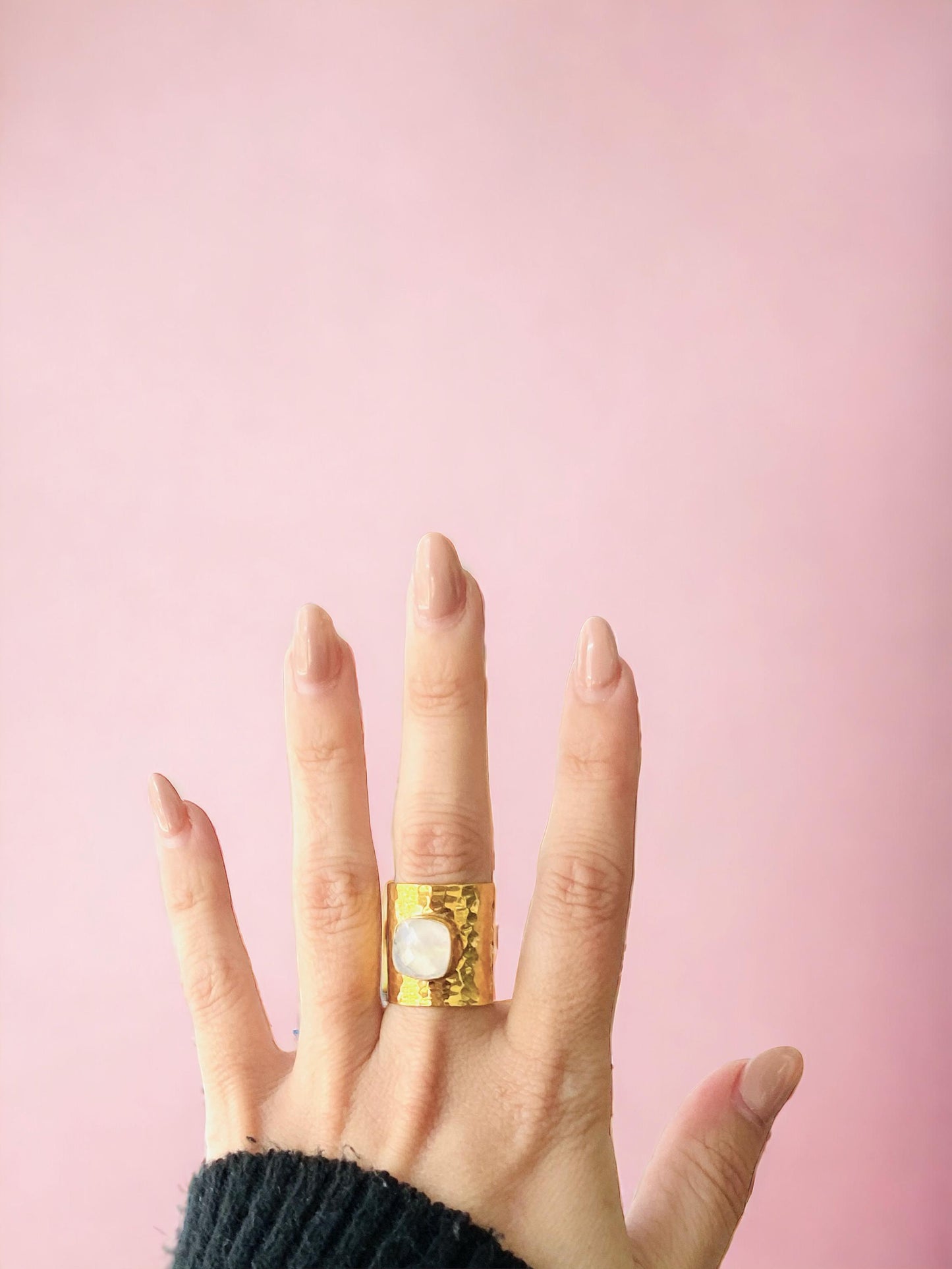 Moonstone Statement Ring | June Birthstone Ring, Hammered Wide Band Ring