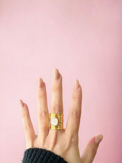 Moonstone Statement Ring | June Birthstone Ring, Hammered Wide Band Ring
