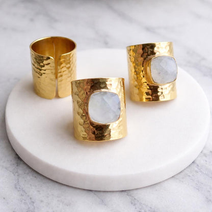 Moonstone Statement Ring | June Birthstone Ring, Hammered Wide Band Ring