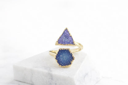 Gold Druzy Geometric Ring, Electroplated Quartz Statement Ring, Blue Purple Gemstone Wrap (Adjustable)