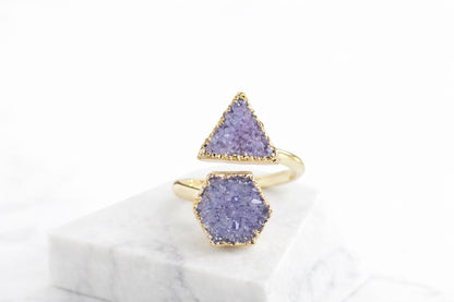 Gold Druzy Geometric Ring, Electroplated Quartz Statement Ring, Blue Purple Gemstone Wrap (Adjustable)