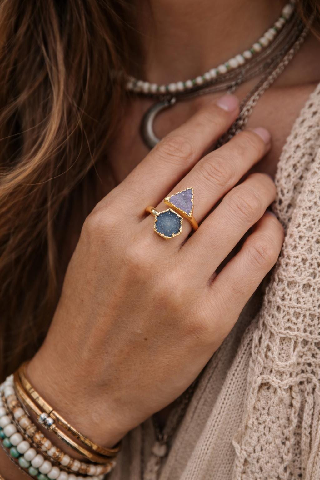 Gold Druzy Geometric Ring, Electroplated Quartz Statement Ring, Blue Purple Gemstone Wrap (Adjustable)