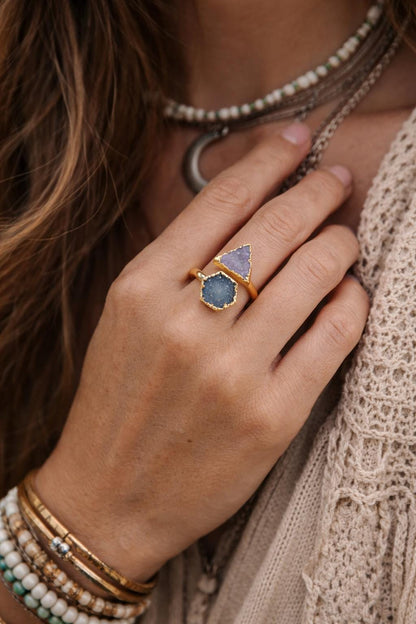 Gold Druzy Geometric Ring, Electroplated Quartz Statement Ring, Blue Purple Gemstone Wrap (Adjustable)