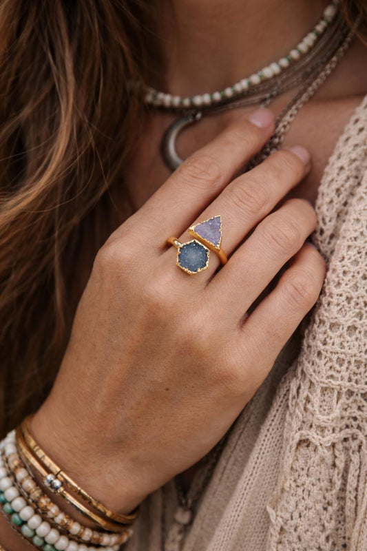 Gold Druzy Geometric Ring, Electroplated Quartz Statement Ring, Blue Purple Gemstone Wrap (Adjustable)