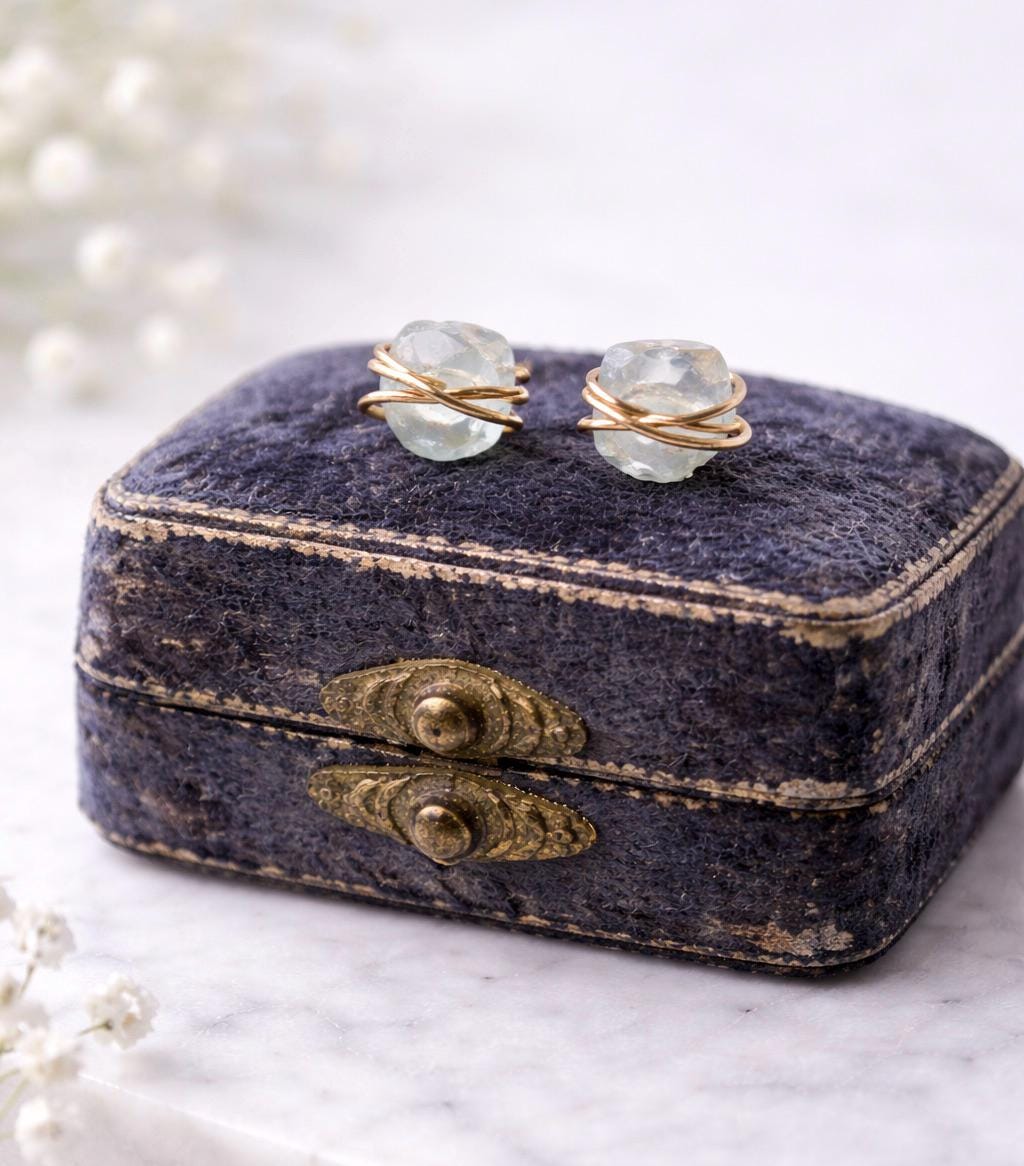 Tiny Raw Aquamarine Stud Earrings, Gold Filled Wire Wrapped Gemstone Posts, March Birthstone Jewelry, Dainty Natural Crystal Studs