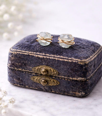 Tiny Raw Aquamarine Stud Earrings, Gold Filled Wire Wrapped Gemstone Posts, March Birthstone Jewelry, Dainty Natural Crystal Studs