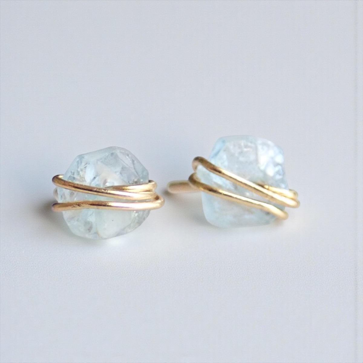 Tiny Raw Aquamarine Stud Earrings, Gold Filled Wire Wrapped Gemstone Posts, March Birthstone Jewelry, Dainty Natural Crystal Studs