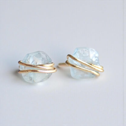 Tiny Raw Aquamarine Stud Earrings, Gold Filled Wire Wrapped Gemstone Posts, March Birthstone Jewelry, Dainty Natural Crystal Studs