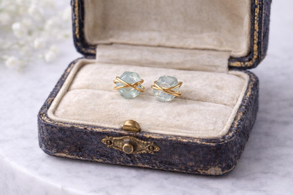 Tiny Raw Aquamarine Stud Earrings, Gold Filled Wire Wrapped Gemstone Posts, March Birthstone Jewelry, Dainty Natural Crystal Studs